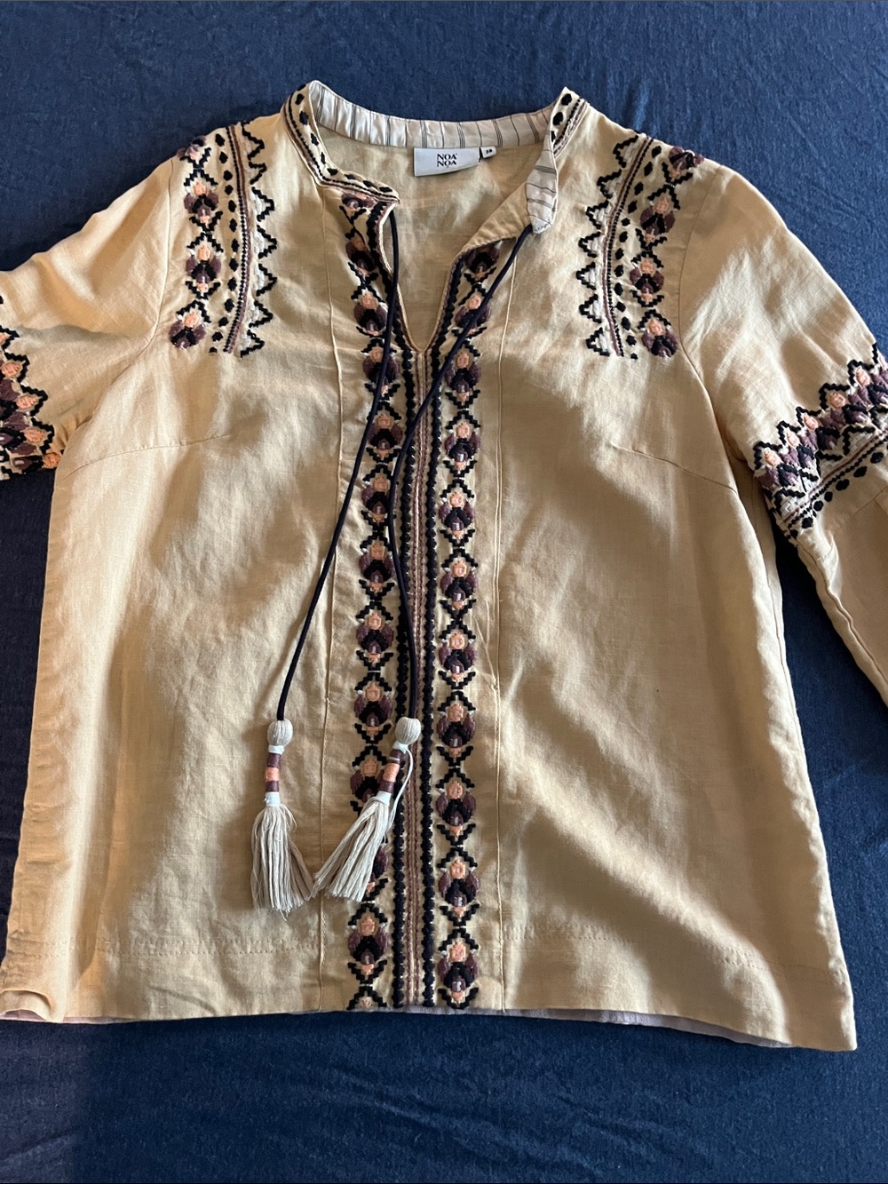 Embroidered Beige Peasant Blouse with Tassel Ties